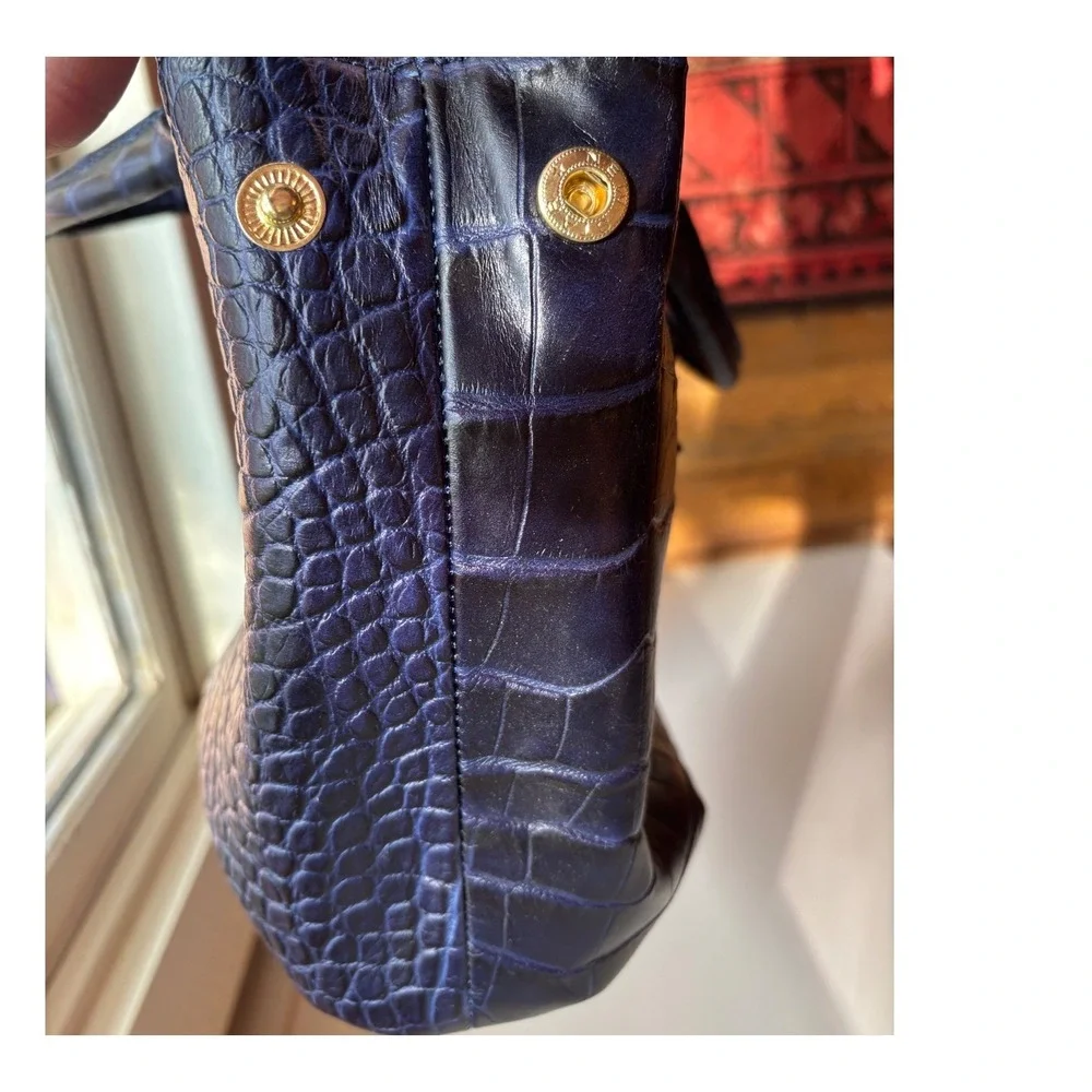 Prüne‎ Navy Blue Croc Embossed Leather Satchel Handbag Gold Hardware 9073